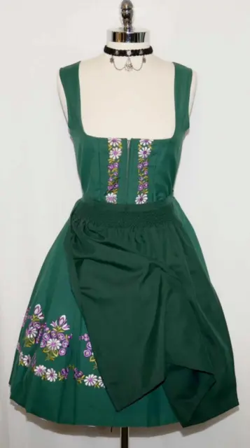 S 8 GREEN German Waitress Oktoberfest Dirndl Dress EMBROIDERED Vintage 2 Pieces