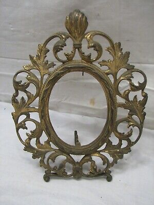Early Cast Iron Brass Tone Art Nouveau Ornate Oval Stand Up Picture Frame Photo