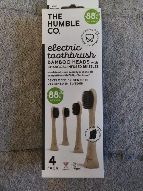 NEW The Humble Co Electric Toothbrush x4 Replaceable Bamboo Heads Charcoal VEGAN