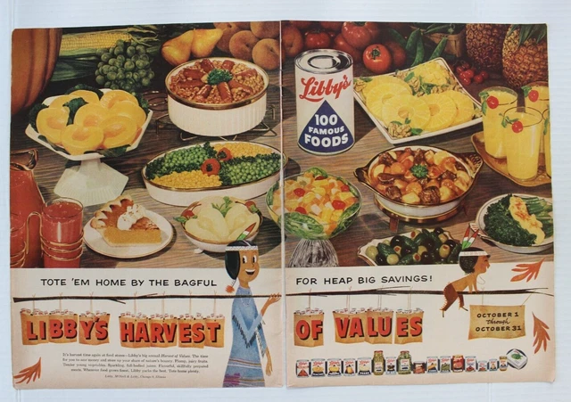 Libbys Canned Bottled Goods 1956 Print Ad Harvest of Values Tote 'em Home 2 Page