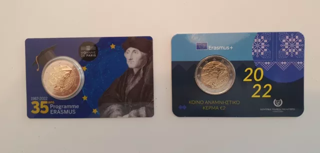 2x 2 Euro Gedenkmünze 2022 "Erasmus", Frankreich und Zypern in off. Coincard