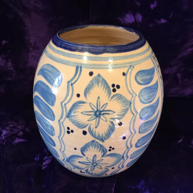 Handpainted Blue & White Mexican  or Spanish Style Ceramic Vase Floral Motif 8"