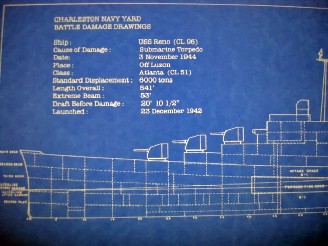 WW2 US Navy War Damage Shipyard Blueprint USS Reno CL96 18x26  (149) 3