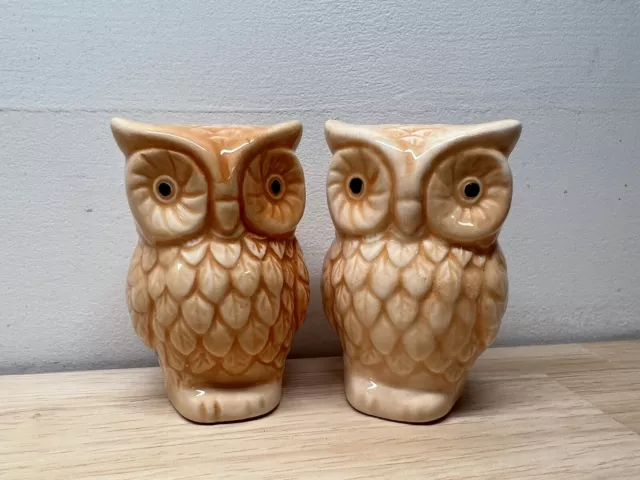 Vintage Brown Ceramic Owl Salt & Pepper Shakers 3” Tall MCM