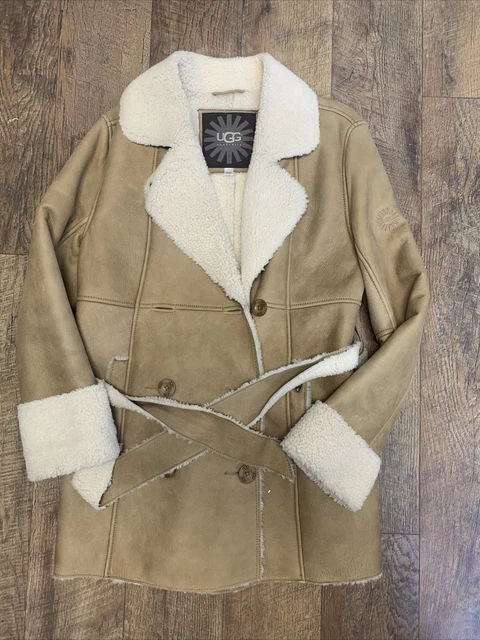 UGG HOODED LEATHER SHEARLING BELTED TRENCH COAT JACKET Large BEAUTIFUL BROWN UGG HOODED LEATHER SHEARLING BELTED TRENCH COAT JACKET Large BEAUTIFUL BROWN