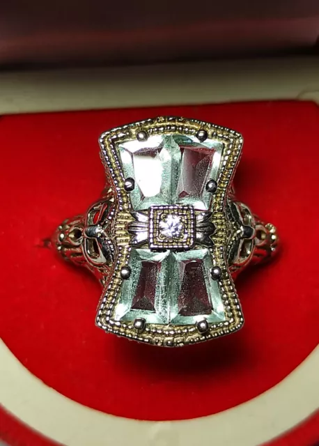 1930s Antique Victorian Style Fancy Cut Aquamarine & One White CZ Classic Ring