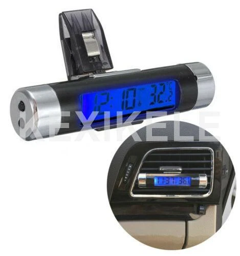 Car air outlet thermometer LCD Blue Backlight Thermometer Time Clock Calendar