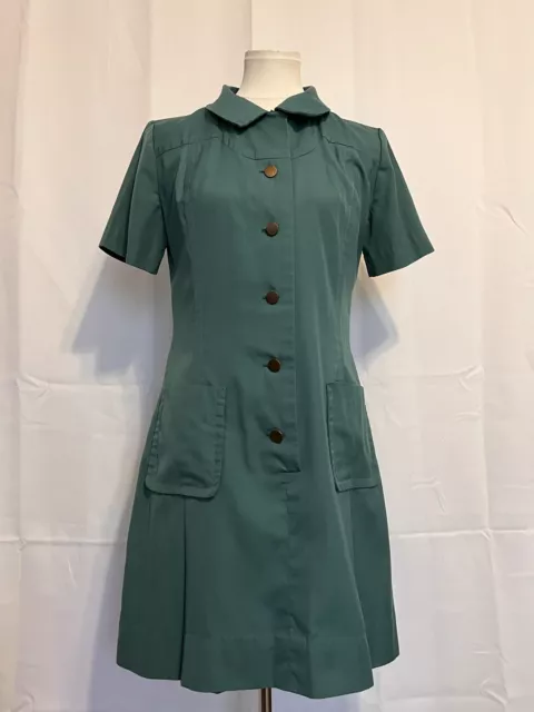 Vestido Uniforme Vintage Girl Scouts Verde S/S Botones de Metal Años 60 Talla S/M