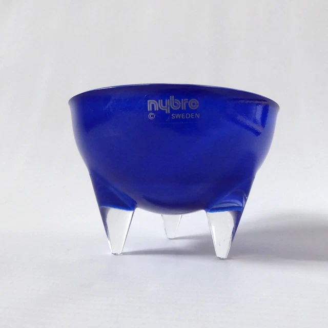 Nybro Sweden art glass candle holder. Blue, tri 3 legged. Cilla Persson Passion