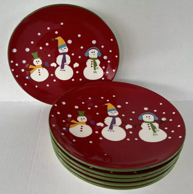Pier 1 Snowball Dinner Plates 9” Set Of 6 Hand Painted Snowman Holiday Christmas
