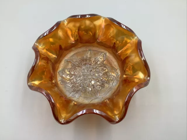 FENTON CARNIVAL GLASS Grapes Pattern Iridescent Marigold Ruffle Candy Bowl