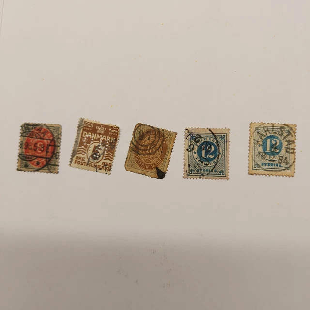5 uralte Briefmarken Dänemark + Schweden, 1 Perfin #121