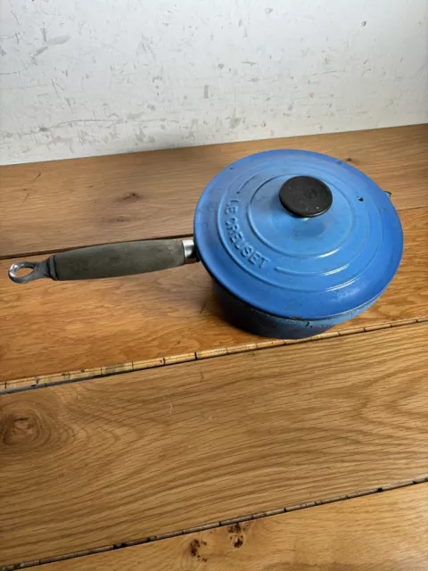 Vintage Le Creuset  Blue Cast Iron Saucepan With Lid Wooden Handle 18cm