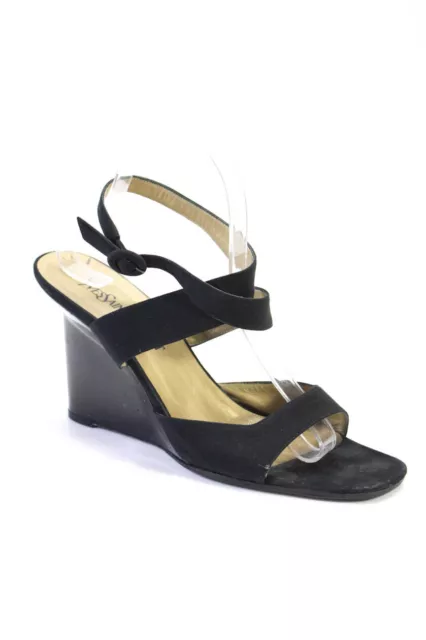 Yves Saint Laurent Womens Wedge Heel Ankle Strap Sandals Black Canvas Size 10