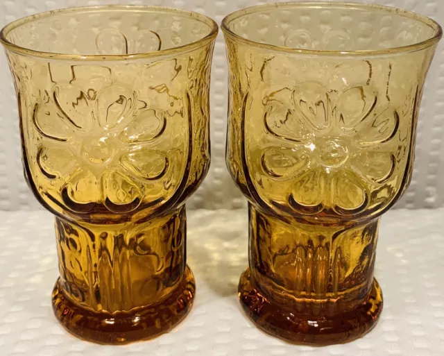 Lot Of 2 ~ 4"  Vintage Libbey Amber Country Garden Daisy Flower Juice Glasses