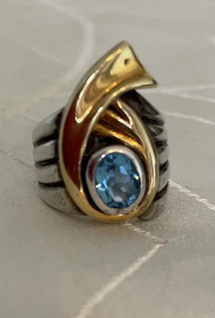 Large Silver And Gold Plated Ring With Blue Topaz M