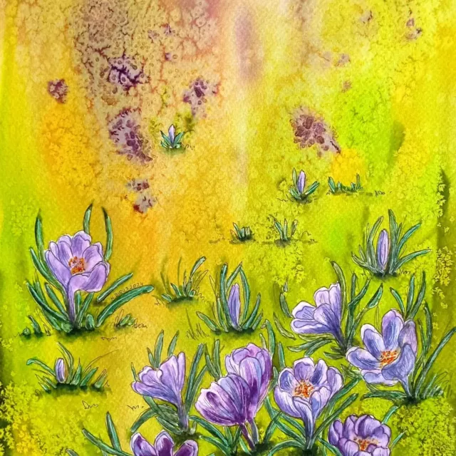 Crocus, Originale aquarelle 24x32cm, Tableau, Peinture Art Moderne