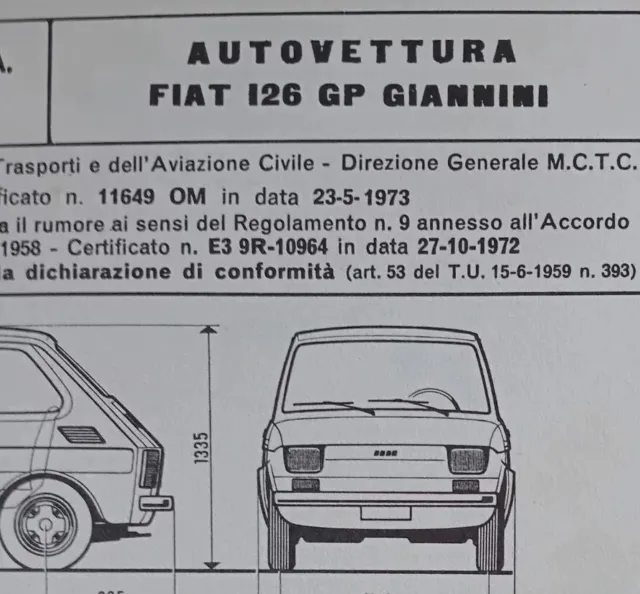 FIAT 126 GIANNINI GP 594 Cc COPIA SCHEDA omologazione 1973 ASI CLUB DIAGRAM