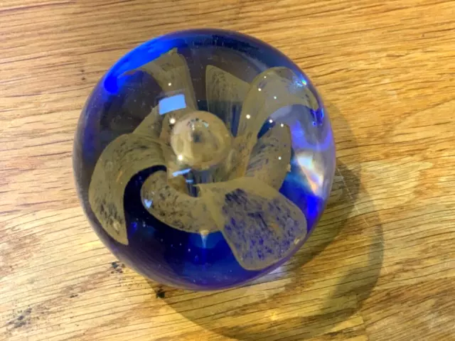 Glass Paperweight Yellow Flower Blue Base Large Bubble