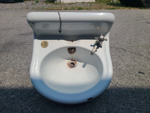 Vintage Crane Cast Iron White Porcelain Enamel Wall Mount Sink