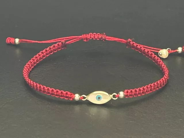 925 Sterling Silver Evil Eye Mati Nazar Cord Friendship Black Bracelet MOP Red