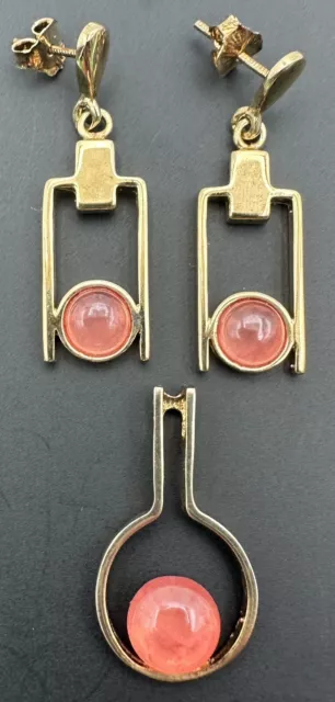 Vermeil Gilt Sterling Silver Pendant and Earrings Art Deco Modernist Style Pink