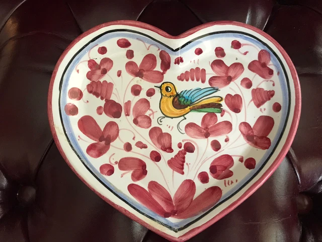 Ceramiche Sambuco Mario Deruta Italy Red Heart Shaped Bird Dish Plate Valentine