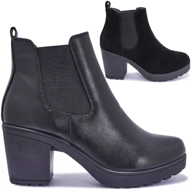 Ladies Womens Chunky Block Platform Heel Ankle Chelsea Winter Shoes Boots Size