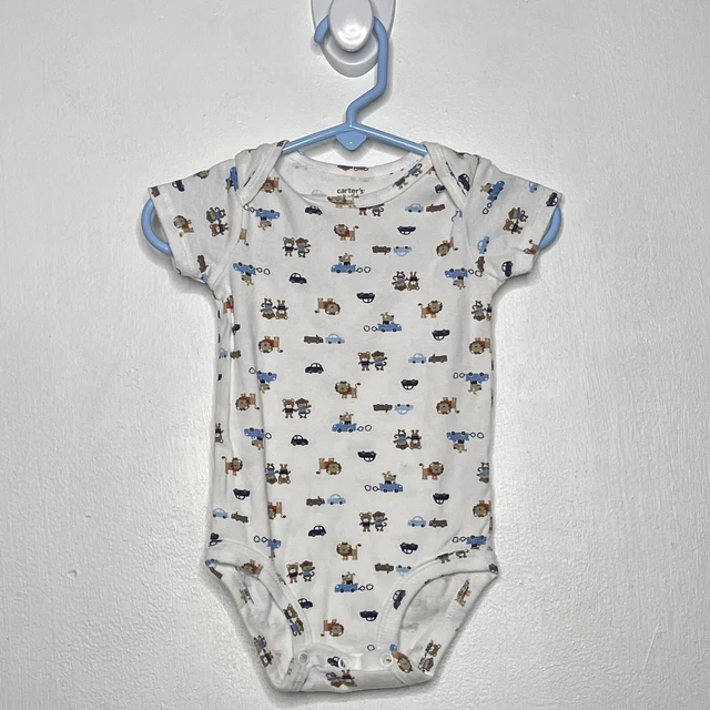 Carters One Piece Bodysuit Boys Size 6 M White Animals In Cars Short Sleeve