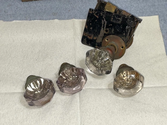 Lot 4 antique GLASS DOOR KNOBS Octagon CLEAR & PURPLE + Lock PARTS REPAIR