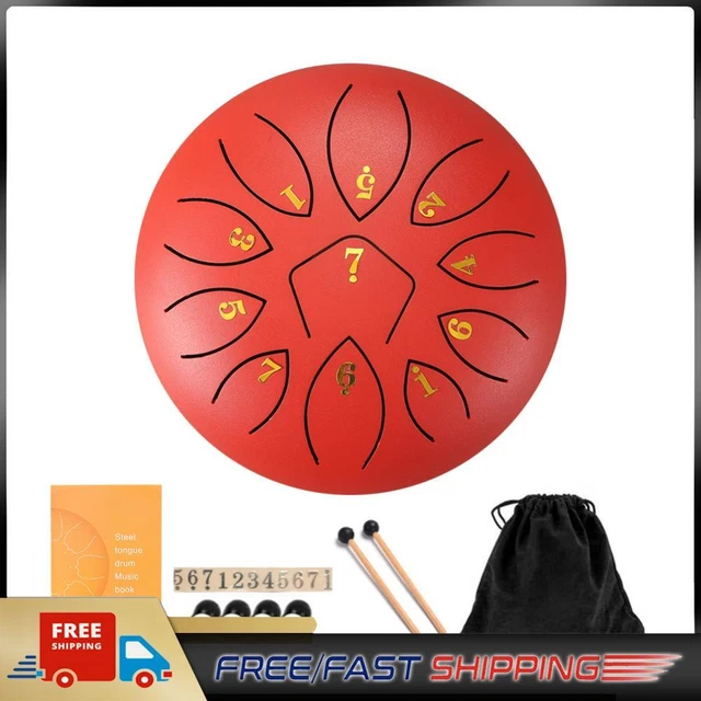 6 Inch 11-Note Tongue Drum with Drumsticks Hand Pan Ethereal Drums (Red)