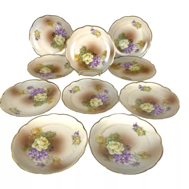 Prince Regent Bavaria Gold Rim Yellow Roses Violets Set 10 6” Plates 10293