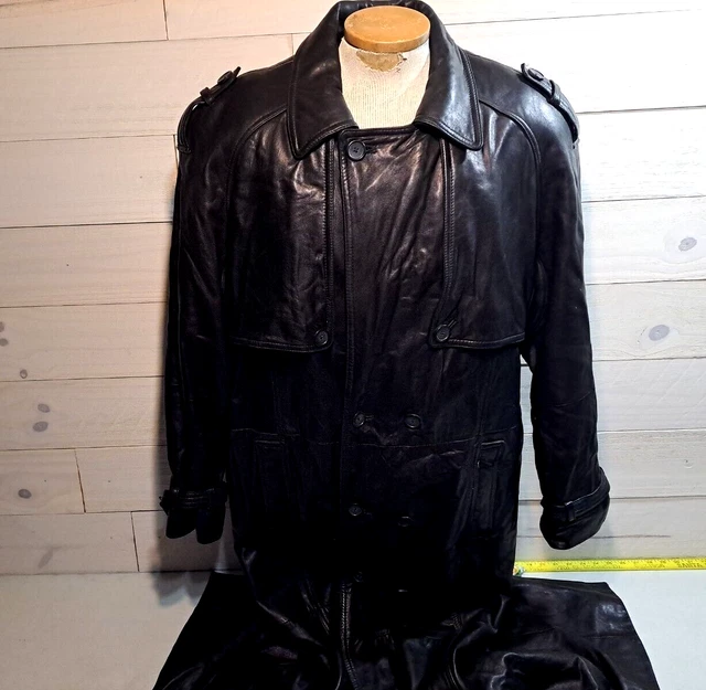 Genuine Black Soft Leather Full Length Duster Jacket Mens Size L Large EUC 53"