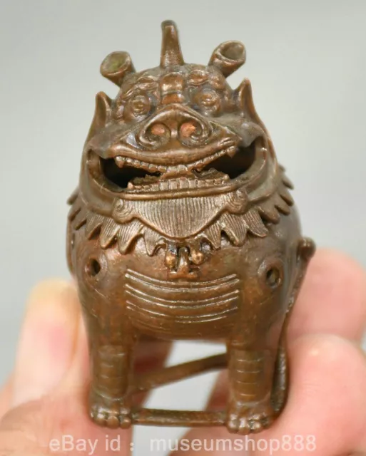 2" Old Chinese Red Bronze Craving Fengshui Dragon Beast Incense Burner Censer