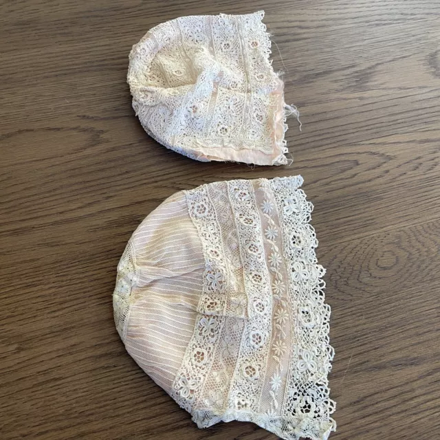 Irish Lace Silk Baby Doll Bonnet Infant Hat Cap Handmade Crochet Lot of 2 Vtg