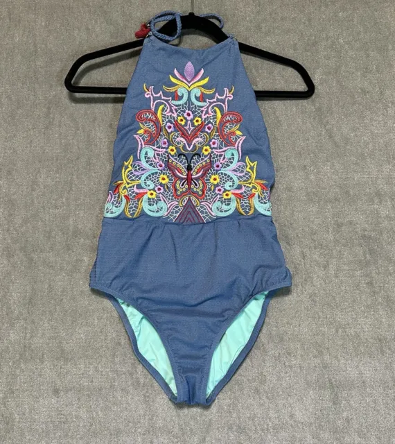 Nanette Lepore Swimsuit Womens Medium Embroidered Floral Halter Denim One-Piece