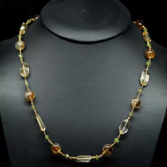 Doré Citrine Jaune Avec Vert Péridot Collier 925 Argent Sterling 18k Or