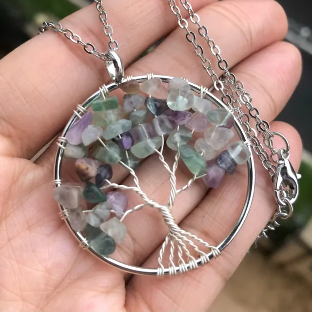 Natural Purple Fluorite Gems Tree Of Life Necklace Chakra Reiki Healing Amulet