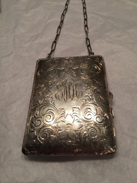 Vtg 40s Sterling Silver Purse Coin Mirror Calling Card 3 1/2" Etched Frt 94g