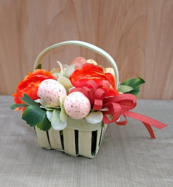 Easter Egg Basket silk flower arrangement green orange Spring floral hand made