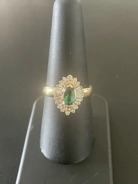 14KT Yellow Gold “Chatham” Lab Created Emerald & Diamond Ring. Size8.5 (K47)