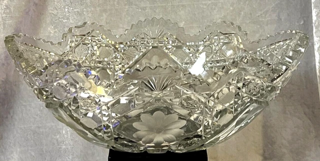 Antique Heavy Brilliant Period Cut Crystal Oval Bowl With Flowers - L