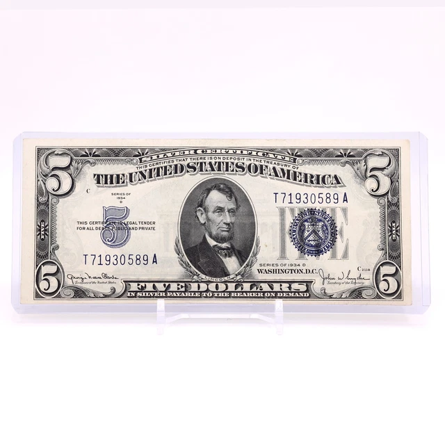 1934D $5 NICE AU Five Dollar US Silver Certificate BLUE SEAL F1654 Clarke Snyder