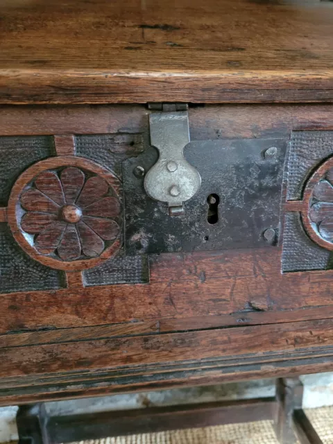 Superb Early Carved Oak Bible Box On Stand 3