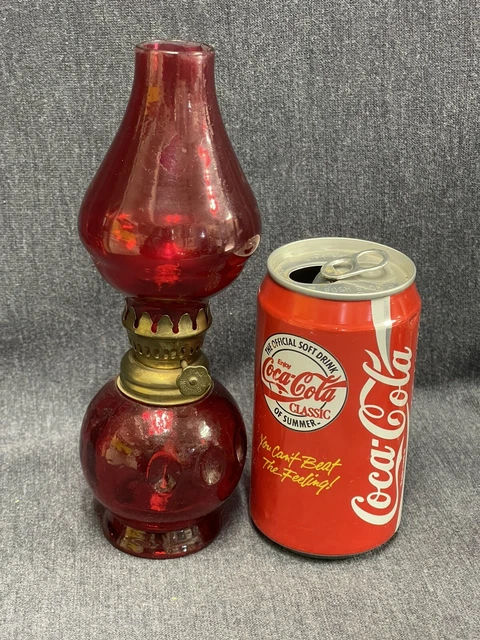 Vintage Miniature Ruby Red Oil Glass Lamp and Shade Original