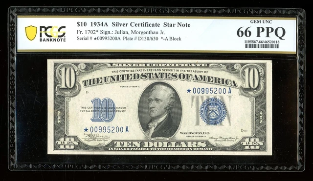 DBR 1934-A $10 Silver STAR Gem Fr. 1702* PCGS-B 66 PPQ Serial *00995200A