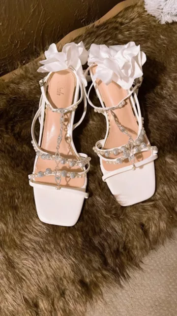 Wedding shoes for bride white pearl and satin flowers  EU 39/US 8.5 2”heels