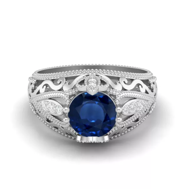 Art-Deco-Ring, 7 mm runder blauer Saphir, filigraner Damenring aus 925er...