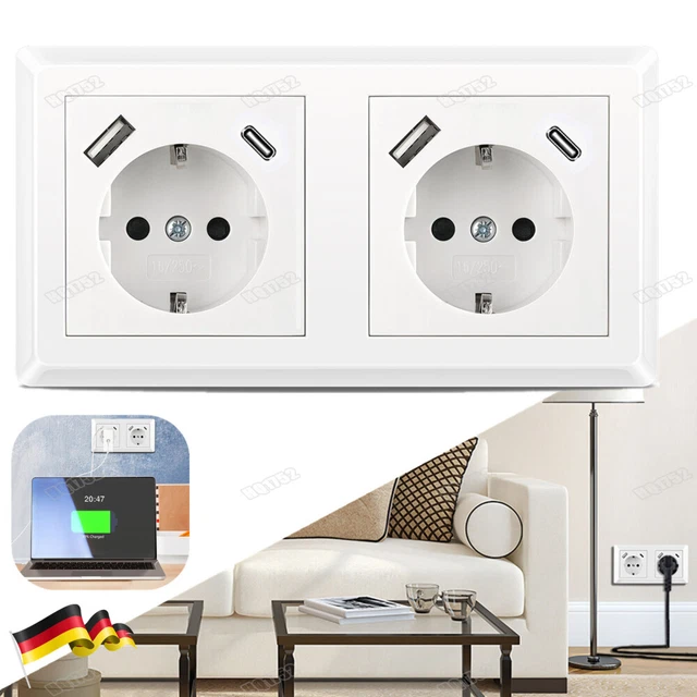 Unterputz-Steckdose Mit 4 USB-Ports & 2 Schukosteckdosen – 16A, Max. 5V/2.1A – Für Wandmontage In Haus & Büro