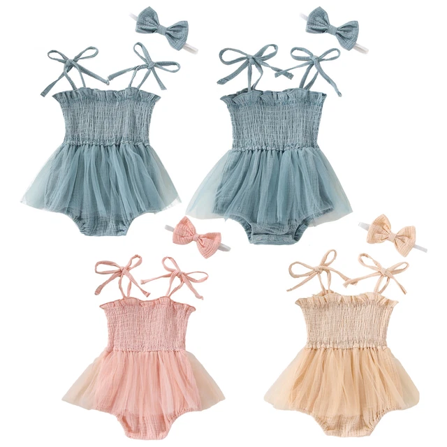 Baby Girls Sleeveless Romper Mesh Dress Summer Cotton Bodysuit with Headband Set